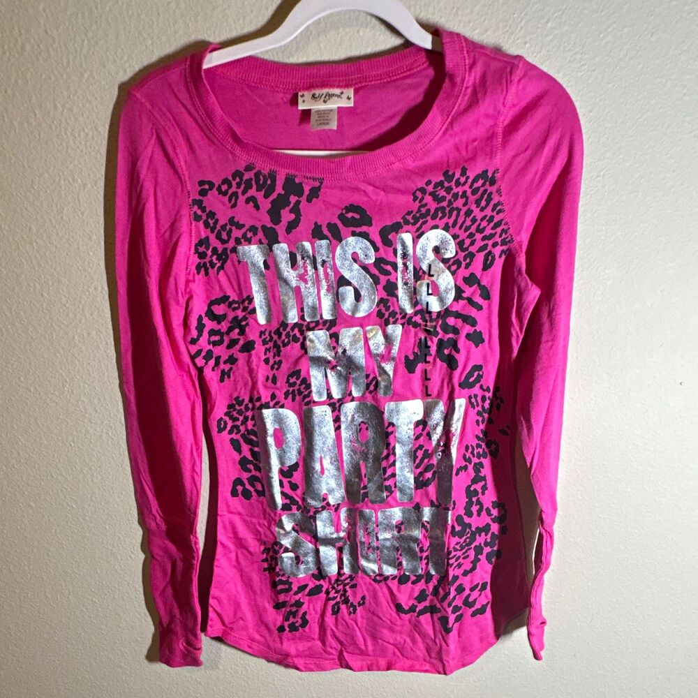 Self Esteem Women’s T-Shirt Size L Pink Leopard Glitter Scoop Neck Long Sleeve